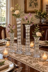 Decorative glass vases with roses and greenery on dining table.
