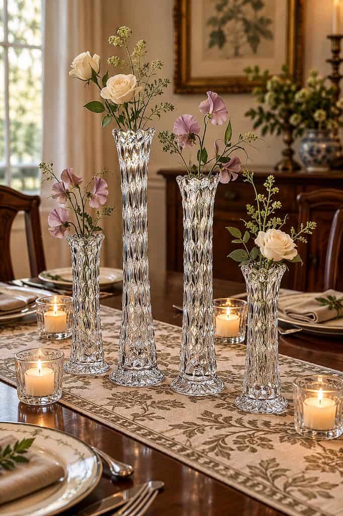 Decorative glass vases with roses and greenery on dining table.