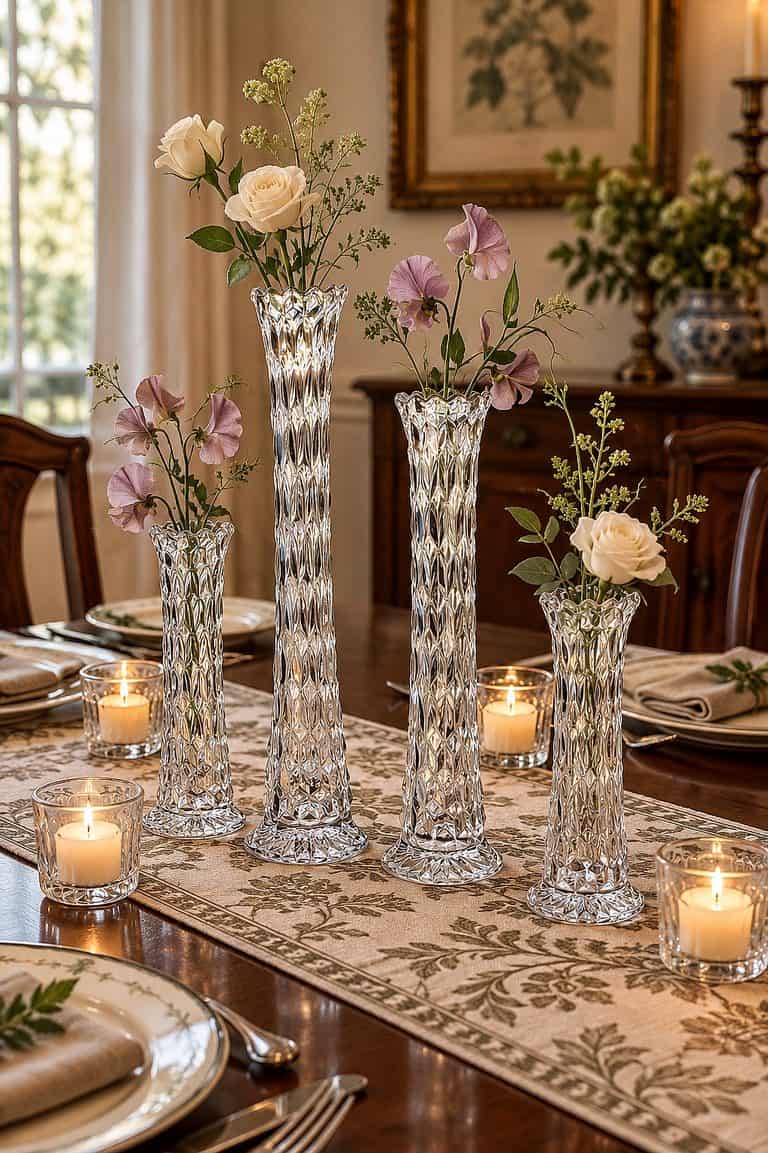 Decorative glass vases with roses and greenery on dining table.
