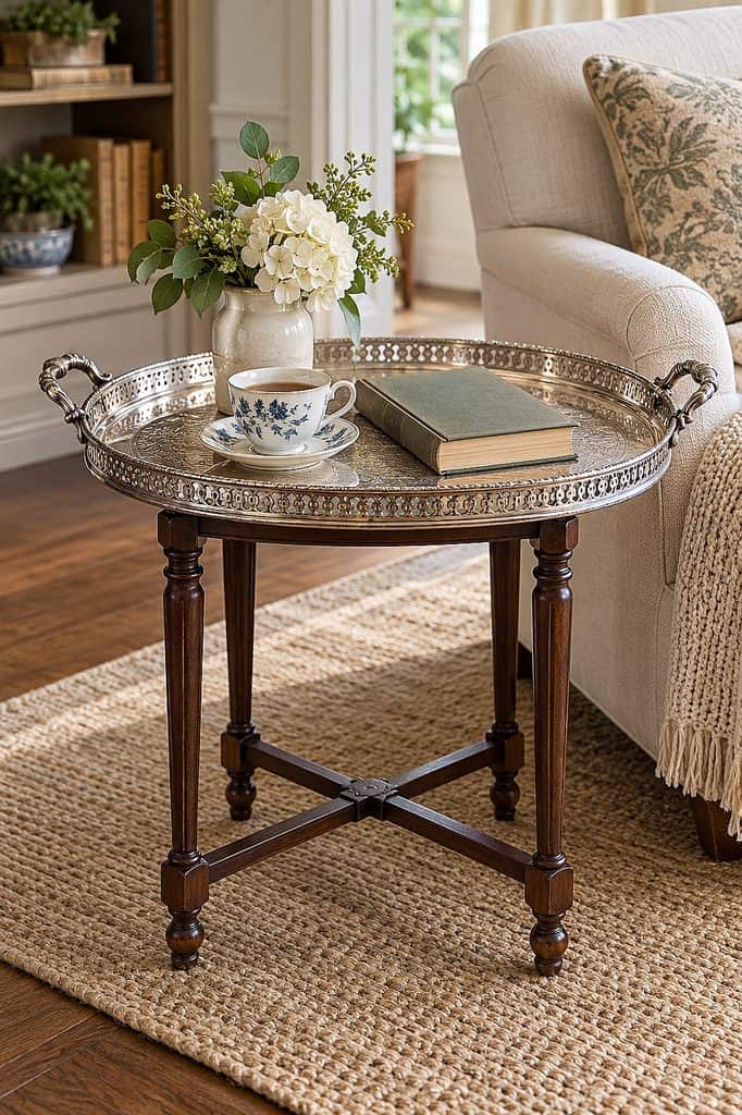 Elegant silver tray with flowers, teacup, and book on side table in living room.