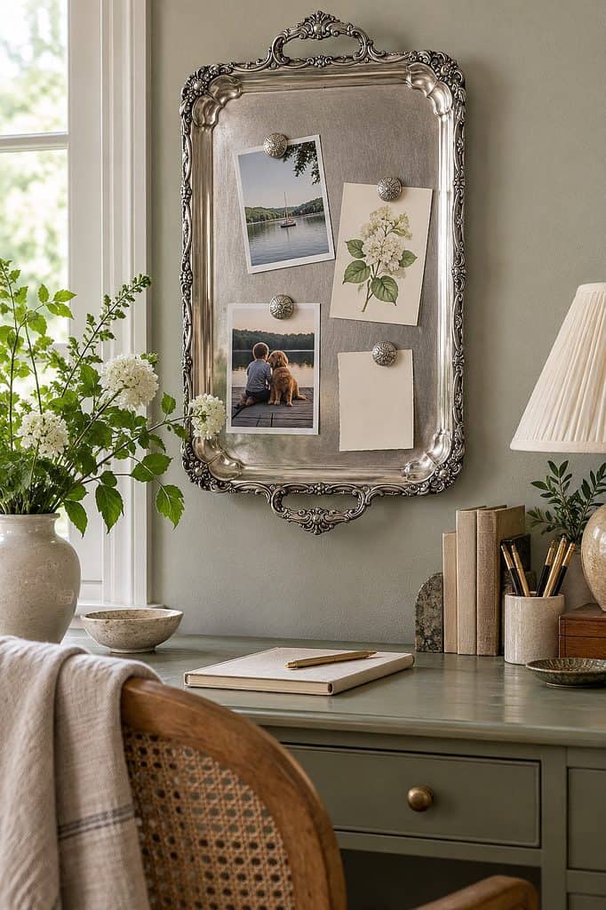 Elegant silver tray with photos and notes on wall in cozy home office.