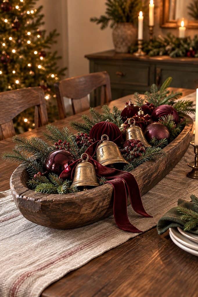 Festive Christmas dough bowl centerpiece with ornaments and greenery on dining table.