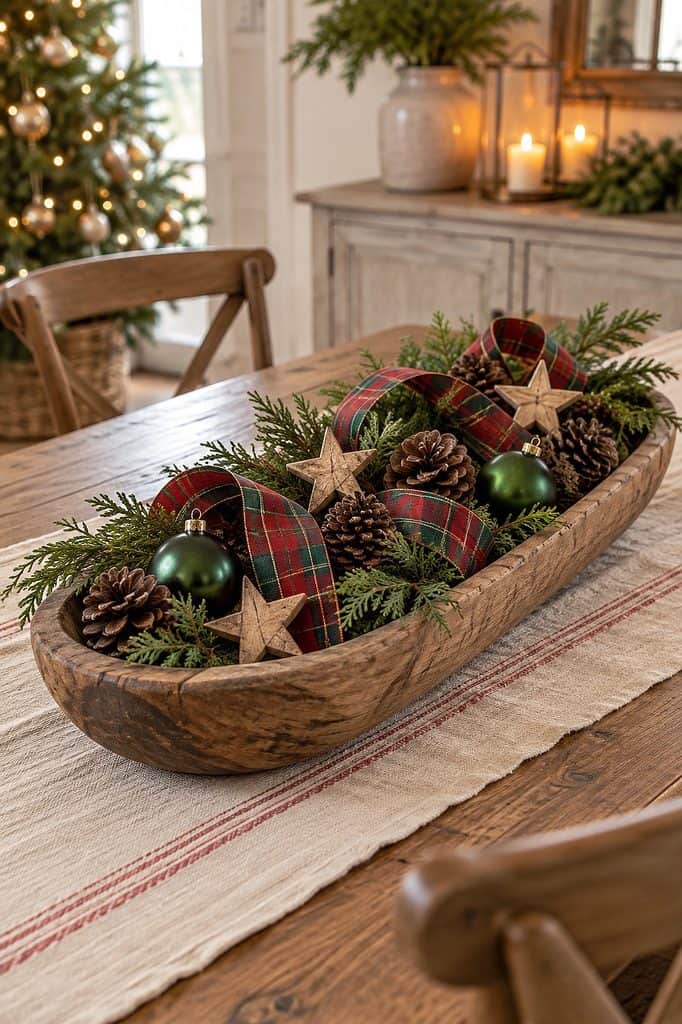 Festive Christmas dough bowl centerpiece with pinecones, ornaments, and ribbons.