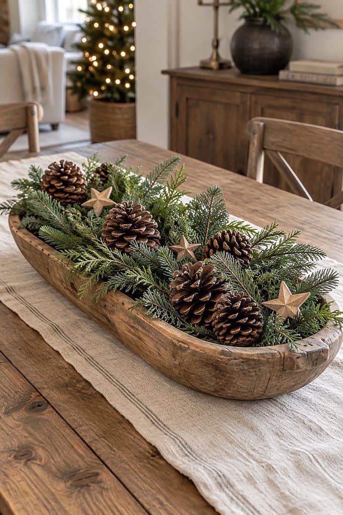 Wooden bowl centerpiece with pinecones, stars, and greenery for Christmas decor.