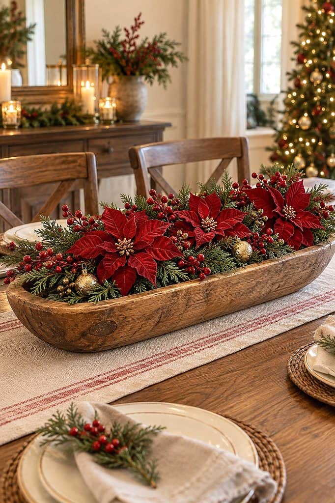 Festive Christmas dough bowl centerpiece with poinsettias and holiday greenery.