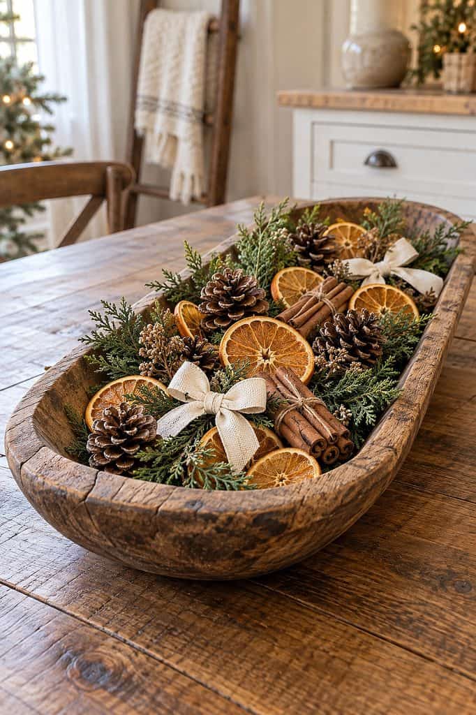 Festive Christmas dough bowl centerpiece with pinecones, dried oranges, and cinnamon sticks.