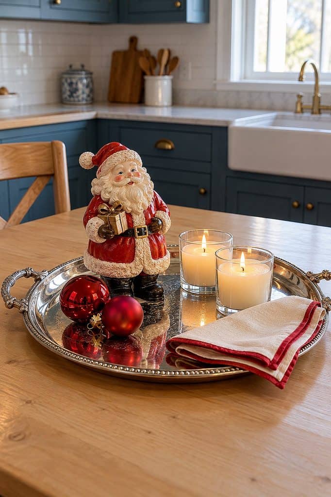 Festive Christmas Santa figurine with candles and ornaments on a wooden table in a cozy kitchen.