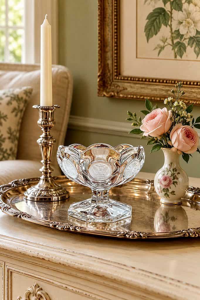 Fostoria crystal bowl and candle holder on vintage tray in classic home decor.