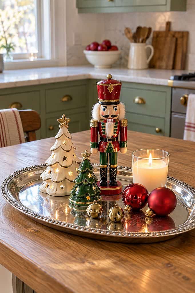 Festive Christmas nutcracker, decorated trees, candles, and ornaments on a silver tray.