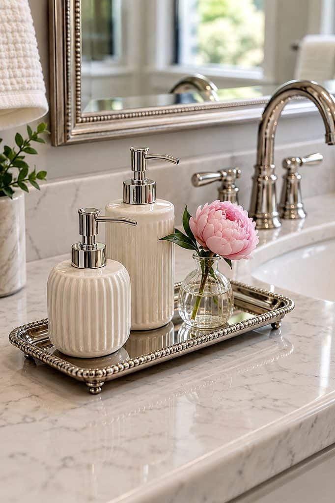 Bathroom countertop with soap dispensers, a flower, and a silver tray for decor.
