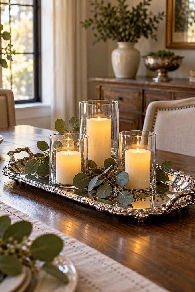 Decorative silver tray with candles and eucalyptus on a wooden table.