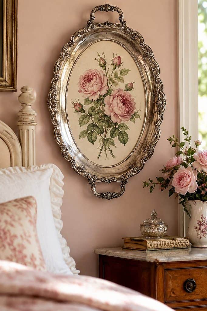 Decorative vintage silver tray with pink roses floral design in a cozy bedroom setting.