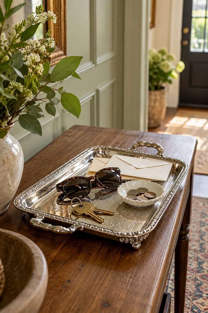 Decorative silver tray with keys, sunglasses, and envelopes on wooden table in entryway.