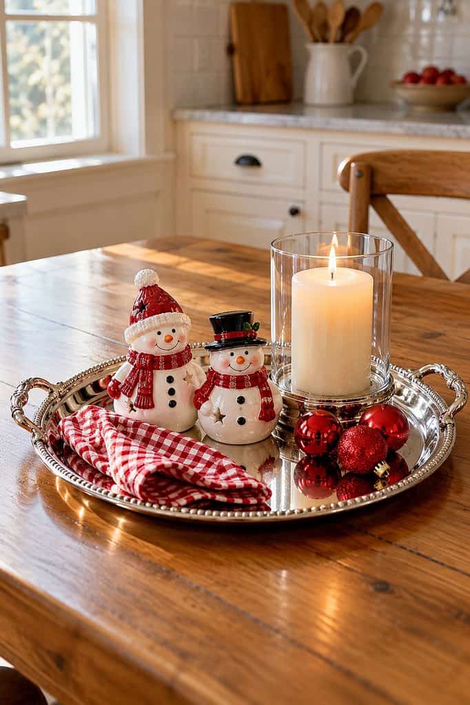 Festive Christmas table centerpiece with snowman figurines, candle, and ornaments.