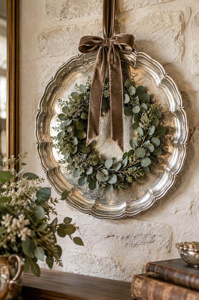 Elegant silver tray with greenery wreath and ribbon decor.