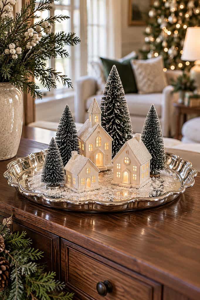 Decorative Christmas village with miniature houses and trees on silver tray.