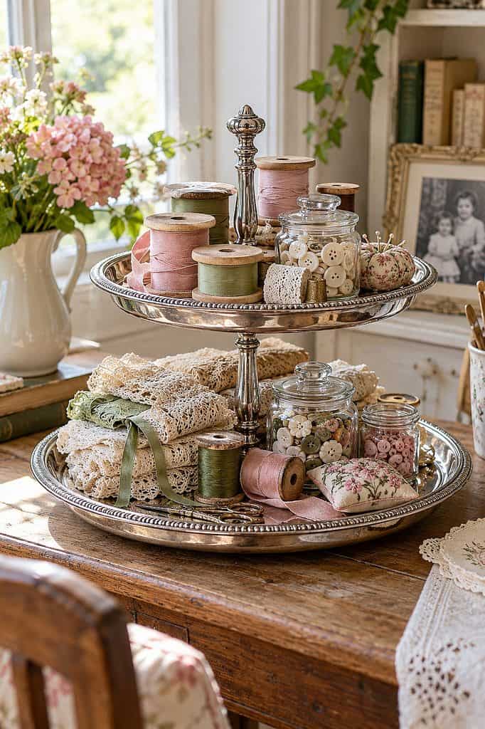 Decorative silver tray holding sewing jars, spools, and fabric pieces in a cozy room.