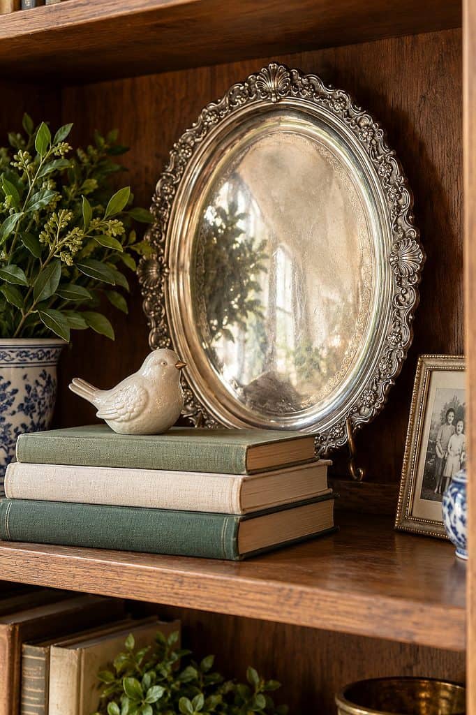 Vintage silver tray with ornate border on wooden shelf with books and decor.