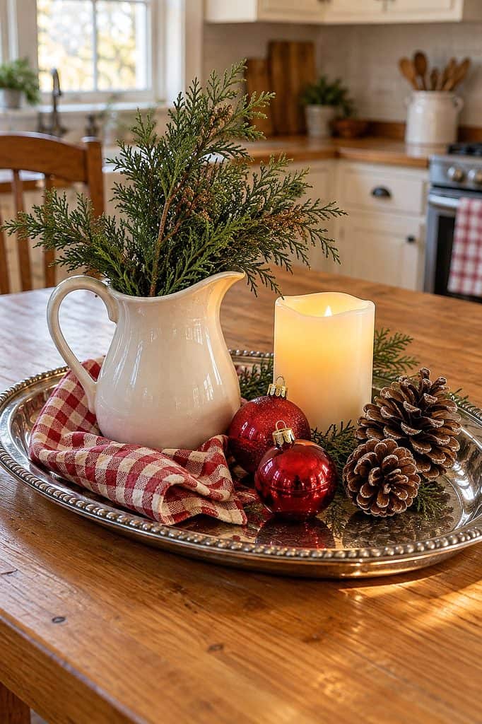 Festive Christmas table centerpiece with pine branches, candles, and ornaments.