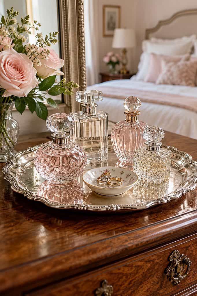 Decorative silver tray with vintage perfume bottles and flowers in bedroom setting.