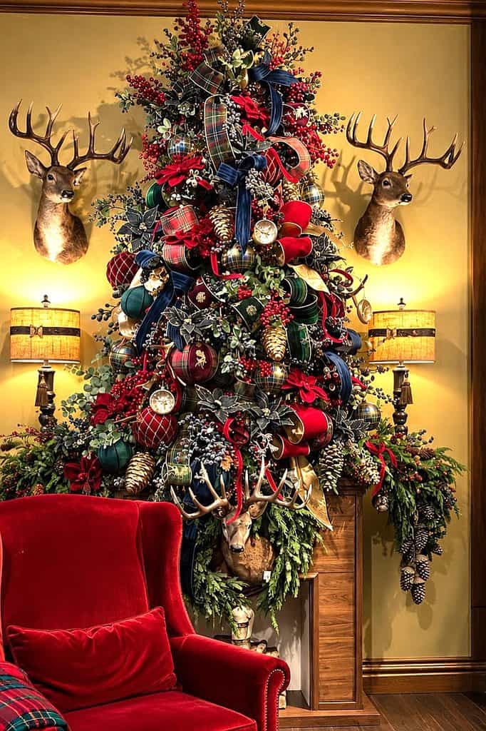 Decorative Christmas tree with plaid ribbons, ornaments, and deer head mounts in a cozy room.