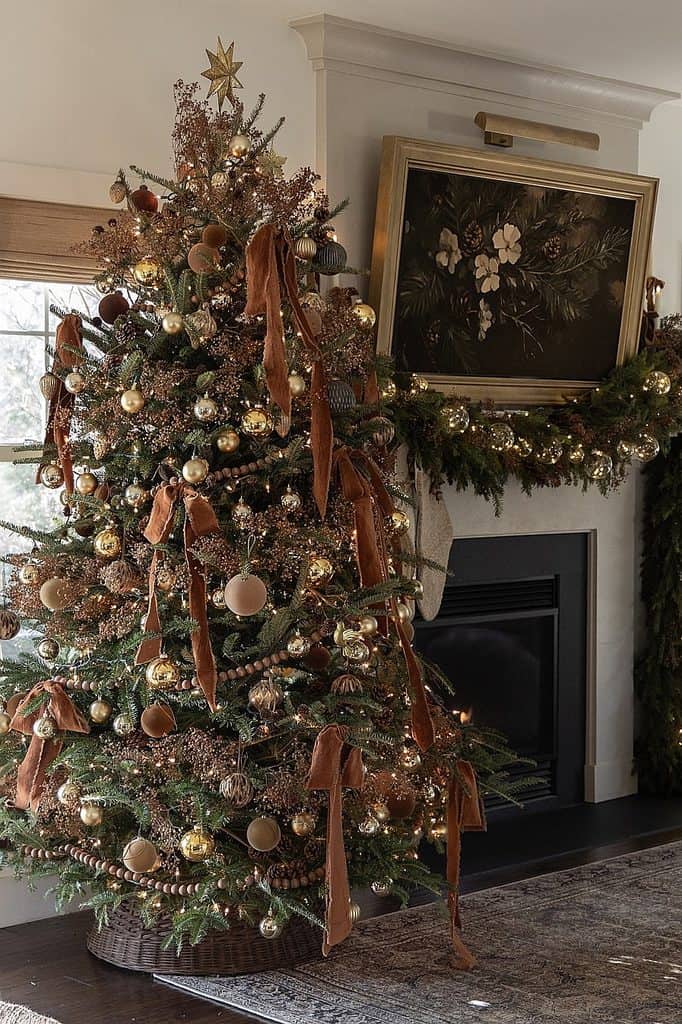 Beautifully decorated Christmas tree with gold and brown ornaments and ribbons.