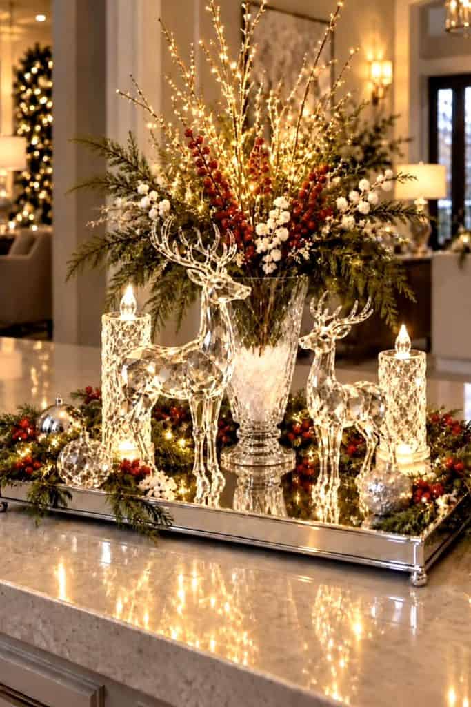 Elegant Christmas centerpiece with silver reindeer, candles, and festive flowers.