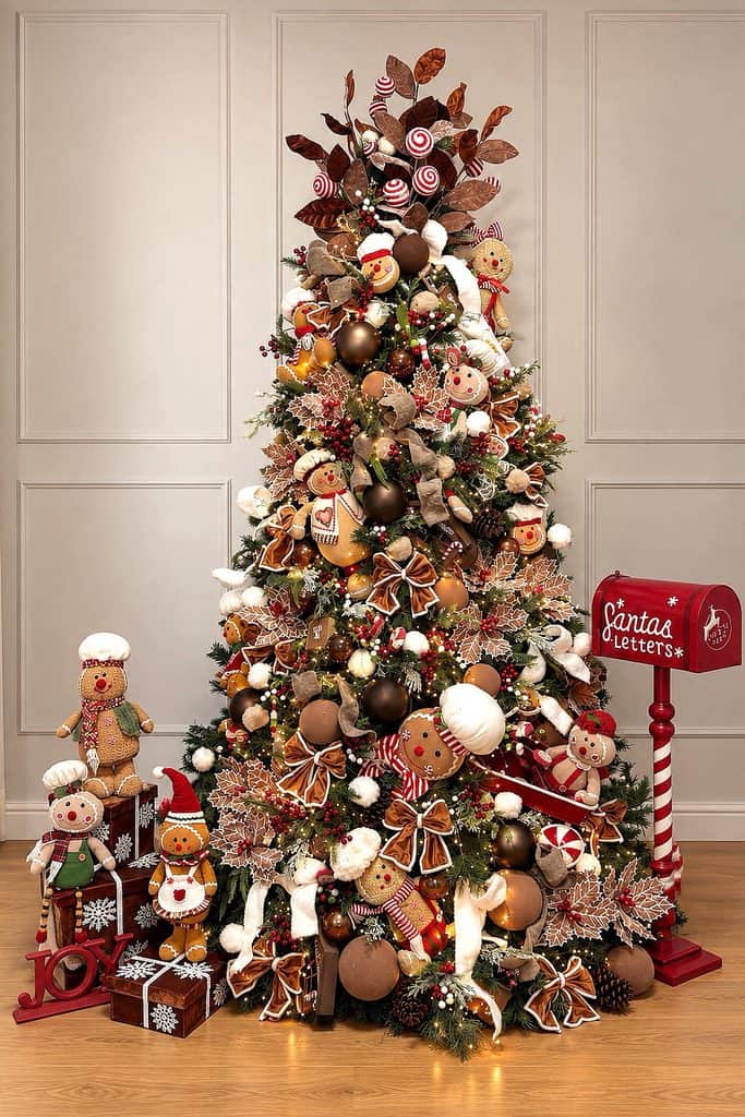 Decorated brown Christmas tree with ornaments, gingerbread cookies, and gifts.