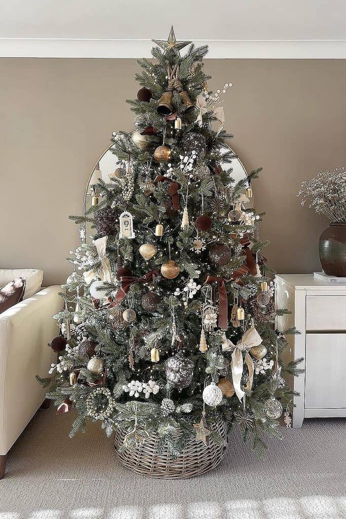 Decorated brown Christmas tree with ornaments and lights in a cozy living room.