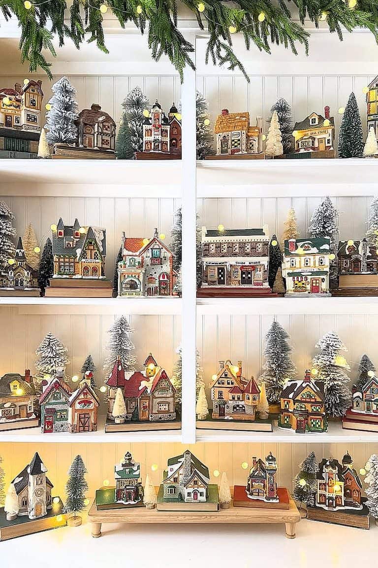 Festive Christmas village with decorated houses and snow-covered trees.