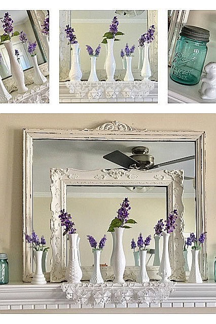 Charming home decor with milk glass vases and lavender flowers for a cozy look.