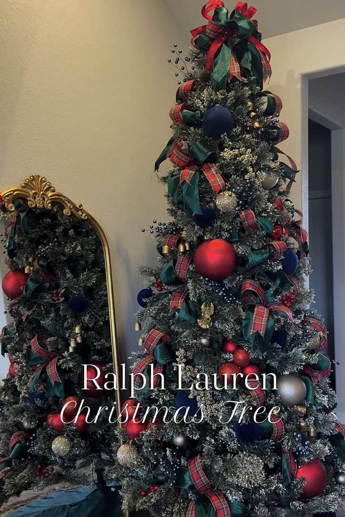 Decorated Christmas tree with red, blue, and gold ornaments and plaid ribbons.