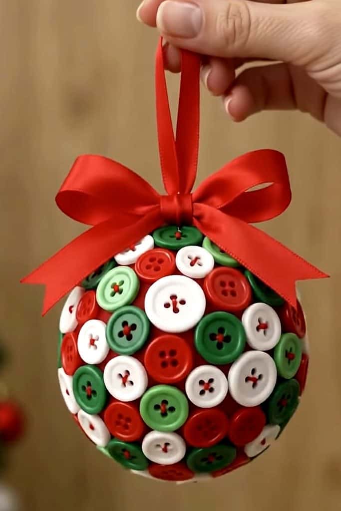 Hand holding a Christmas ornament made of red, green, and white buttons with a red ribbon.