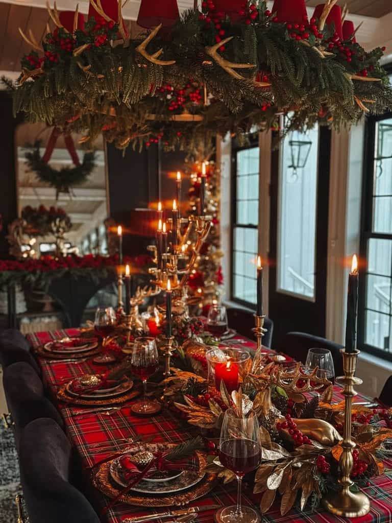 Festive holiday table setting with candles, gold accents, and greenery.