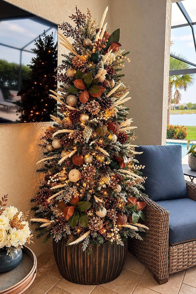 Decorated Christmas tree with gold and brown ornaments in a cozy indoor setting.