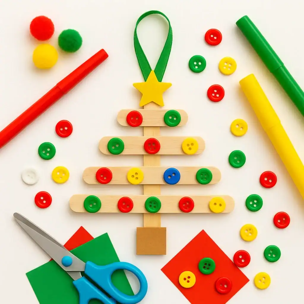 Colorful button Christmas tree craft with pom-poms and craft supplies.