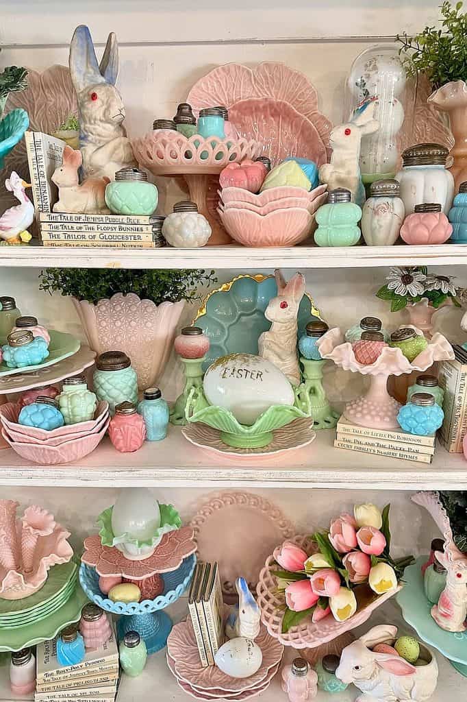 Easter milk glass decor with bunnies, eggs, and pastel colors for spring.
